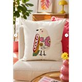 Punch Nakışlı Kuş Desenli Kırlent Kılıfı, 43x43 cm, Krem Süet | Retro Tasarım, 100% Polyester, Fermuarlı Kapama, Hassas Yıkama, Kare Biçim