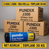 Pundix J300 Jumbo Boy Çöp Torbası 80X110 cm - 5 Koli (Toplam 30 Kg) Çift Kat 40 Mikron Kalın & Dayanıklı Siyah Poşet Seti | Her Koli 20 Rulo (300 Gr/rulo) | Ev, Ofis ve Bahçe Temizliği Için Ideal - 80 x 110 cm