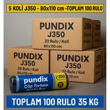 Pundix J350 Jumbo Boy Çöp Torbası 80X110 Cm 5 Koli (Toplam 100 Rulo 35 Kg) Çift Kat 40 Mikron Kalın Endüstriyel Dayanıklı Siyah Poşet Seti