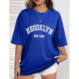 Punix Büyük Beden Kadın Saks Mavi Brooklyn Baskılı Yazlık Tarz Rahat Kalıp T-Shırt - 2XL