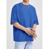 Punix Büyük Beden Özel Seri Baskısız Düz Renk Oversize %100 Pamuk Battal Erkek T-Shırt - Mavi - 4XL