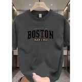 Punix Büyük Beden Özel Seri Boston Göğüs Baskılı %100 Pamuk Yeni Stil Battal Erkek T-Shirt - Antrasit - 3XL