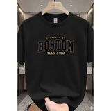 Punix Büyük Beden Özel Seri Boston Göğüs Baskılı %100 Pamuk Yeni Stil Battal Erkek T-Shirt - Siyah - 2XS