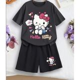 Punix Kids Hello Kıtty Özel Seri Baskılı Yüksek Kalite Tam Yazlık Pamuk Dokuma Kız Çocuk Şort T-Shırt Takım - 5 Yaş - Siyah