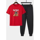 Punix Kids Özel Seri Nasa Astronot Baskılı %100 Pamuk Kısa Kollu Yazlık Erkek Çocuk Eşofman Takımı - 5 Yaş - Kırmızı - Siyah