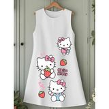 Punix Kids Punıx Kids Özel Seri Hello Kitty Üç Çilek Baskılı Kolsuz Yazlık %100 Pamuk Kız Çocuk Trend Elbise - 14 Yaş - Beyaz