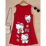 Punix Kids Punıx Kids Özel Seri Hello Kitty Üç Çilek Baskılı Kolsuz Yazlık %100 Pamuk Kız Çocuk Trend Elbise - 14 Yaş - Kırmızı