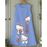 Punix Kids Punıx Kids Özel Seri Hello Kitty Üç Çilek Baskılı Kolsuz Yazlık %100 Pamuk Kız Çocuk Trend Elbise - 14 Yaş - Mavi