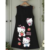 Punix Kids Punıx Kids Özel Seri Hello Kitty Üç Çilek Baskılı Kolsuz Yazlık %100 Pamuk Kız Çocuk Trend Elbise - 14 Yaş - Siyah