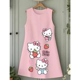 Punix Kids Punıx Kids Özel Seri Hello Kitty Üç Çilek Baskılı Kolsuz Yazlık %100 Pamuk Kız Çocuk Trend Elbise - 18 Yaş - Pembe