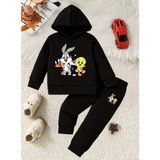Punix Kids Punıx Kıds Özel Seri Kapüşonlu Minik Tweety ve Arkadaşları Baskılı %100 Pamuk Kışlık Erkek Çocuk Eşofman Takımı - XL - Siyah