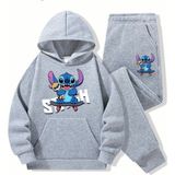Punix Kids Punıx Kıds Özel Seri Kapüşonlu Stitch Baskılı %100 Pamuk Kışlık Kız-Erkek Çocuk Eşofman Takımı - 2 Yaş - Gri