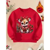 Punix Kids Punıx Özel Tasarım Yılbaşı Noel Temalı Kitap Okuyan Yavru Geyik Baskılı Kışlık Kız Çocuk Sweatshırt - Kırmızı