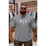 Punix Punıx Büyük Beden Bıg Sıze Battal Nyc Baskılı Pamuk Dokuma Yazlık Rahat Kalıp Erkek T-Shırt - Gri - 12XL