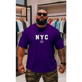 Punix Punıx Büyük Beden Bıg Sıze Battal Nyc Baskılı Pamuk Dokuma Yazlık Rahat Kalıp Erkek T-Shırt - Mor - XL