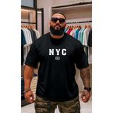 Punix Punıx Büyük Beden Bıg Sıze Battal Nyc Baskılı Pamuk Dokuma Yazlık Rahat Kalıp Erkek T-Shırt - Siyah - 7XL