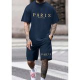 Punix Punıx Büyük Beden Bıg Sıze Parıs Romantıc Cıty Baskılı Yazlık Erkek Battal Şort T-Shırt Alt Üst Takım - Lacivert - XL