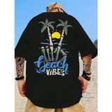 Punix Punıx Büyük Beden Özel Tasarım Beach Vıbes Sırt Baskılı Yeni Sezon Yazlık Erkek Battal T-Shırt - Siyah - 3XL