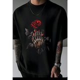 Punix Punıx Büyük Beden Özel Tasarım Iskelet El Gül Baskılı Yeni Sezon Yazlık Erkek T-Shırt - Siyah - 6XL