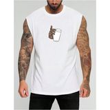 Punix Punıx Büyük Beden Özel Tasarım Kahve Sevdası Bardak Tutan El Baskılı Yazlık Erkek Kolsuz T-Shırt - Beyaz - 2XS