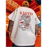 Punix Punıx Büyük Beden Özel Tasarım Kyoto Dragon Sırt Baskılı Japon Stil Erkek Yazlık Battal T-Shırt - Beyaz - 4XL