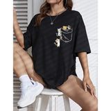 Punix Punıx Büyük Beden Özel Üretim Cepte Kediler Baskılı %100 Pamuk Oversize Modern Battal Kadın T-Shırt - Siyah - 3XL