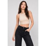 PUNKY CAT Kadın Bej Bisiklet Yaka Crop Top Kolsuz Kaşkorse T-shirt