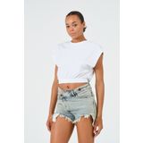 PUNKY CAT Kadın Beyaz Beli Lastikli Crop Kolsuz T-Shirt