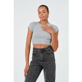 PUNKY CAT Kadın Gri Bisiklet Yaka Kısa Kollu Crop Basic Bluz