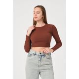 PUNKY CAT Kadın Kahverengi Uzun Kollu Crop Bluz