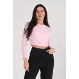 PUNKY CAT Kadın Pembe Uzun Kollu Crop Bluz