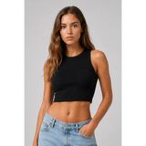 PUNKY CAT Kadın Siyah Bisiklet Yaka Crop Top Kolsuz Kaşkorse T-shirt