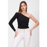 PUNKY CAT Kadın Siyah Tek Omuz Açık Uzun Kollu Fitilli T-shirt Bluz