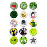 Punky Design Trend-18-15'li Yeşil Anime Kawaii Rozet Seti Karakter Desenli Pop Art Pin
