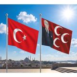 Punto Dizayn Alparslan Türkeş ve 3 Hilal Kırmızı Sancak Bayrağı ve Alpaka Kumaş Türk Bayrağı 2'li Set 70X105CM