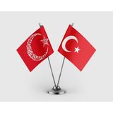 Punto Dizayn Kelime-I Tevhid Besmele Ayyıldız ve Türk Bayrağı Ikili Saten Masa Bayrağı Takımı