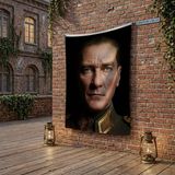 Punto Dizayn Mavi Gözlü Atatürk Yakın Çekim Portre Poster Bayrak Raşel Kumaş 100X150 cm ATA67