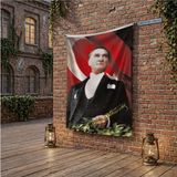 Punto Dizayn Mustafa Kemal Atatürk Altın Imzalı Poster Bayrak Raşel Kumaş 100X150 cm ATA14
