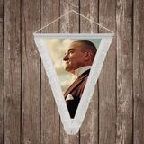 Punto Dizayn Mustafa Kemal Atatürk Yan Portre Beyaz Saçaklı Üçgen Flama Bayrak Hatıra Flama ATA71