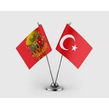 Punto Dizayn Osmanlı Arması Kırmızı ve Türk Bayrağı Ikili Saten Masa Bayrağı Takımı