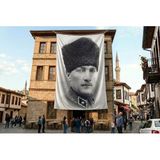 Punto Dizayn Siyah Beyaz Kalpaklı Atatürk Portresi Poster Bayrak Premium Raşel Kumaş ATA30