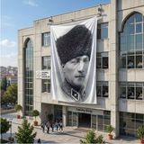 Punto Dizayn Siyah Beyaz Kalpaklı Atatürk Portresi Poster Bayrak Raşel Kumaş 6x9 Metre ATA30