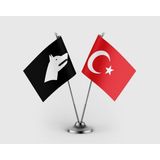 Punto Dizayn Siyah Göktürk Bayrağı ve Türk Bayrağı Ikili Saten Masa Bayrağı Takımı