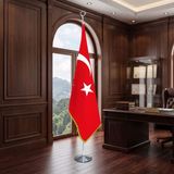 Punto Dizayn Türkiye Cumhuriyeti Ay Yıldız Direkli - Altın Saçaklı Saten Makam Bayrağı Seti (Krom Direk)