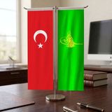 Punto Dizayn Yeşil Osmanlı Tuğrası ve Türk Bayrağı Kırlangıç T Tipi Masa Bayrak Takımı