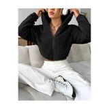 Pupa Kadın Fermuarlı Kapüşonlu Siyah Peluş Beli Lastikli Crop Sweatshirt Hırka