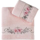 Pupilla Collection Eva Penye Nakışlı 2'li Banyo Havlu Seti (50*90+70*140) Tomurcuk Desen - Pembe - 50 x 90 cm