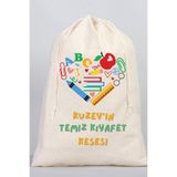 Puppetzzz Okul Desenli Kişiselleştirilebilir Organik Ham Bez Pamuklu Temiz Kıyafet Kesesi