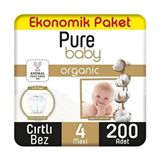 Pure baby Organik Pamuklu 4 Numara Maxi 200'lü Bantlı Bebek Bezi Ekstra Yumuşak