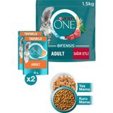 Purina One Adult Sığır Etli Tam Tahıllı Yetişkin Kedi Maması 1.5kg Tavuklu Yaş Kedi Maması 2x85g